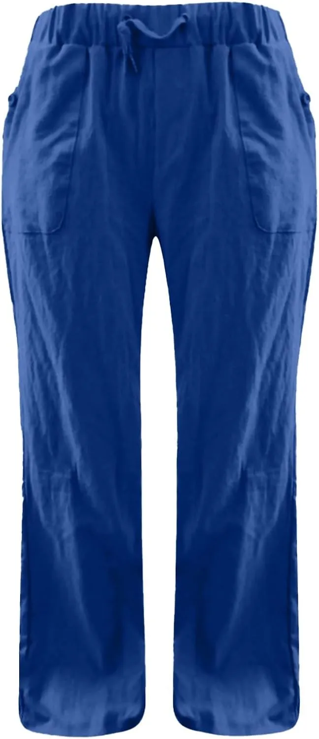 Linen Pants Women Straight Leg Low Rise Lounge Palazzo Capri Pants Summer Drawstring Casual Work Pants Trousers 2025
