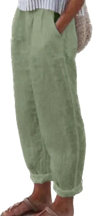 Linen Pants Women Straight Leg Summer Cotton Casual High Waist Elastic Linen Beach Pants