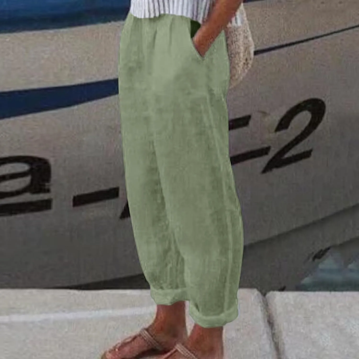 Linen Pants Women Straight Leg Summer Cotton Casual High Waist Elastic Linen Beach Pants
