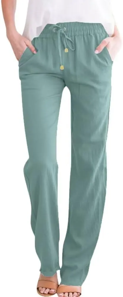 Linen Pants Women Summer 2025 Casual Beach Pants Elastic Waist Wide Leg Loose Long Length Trousers