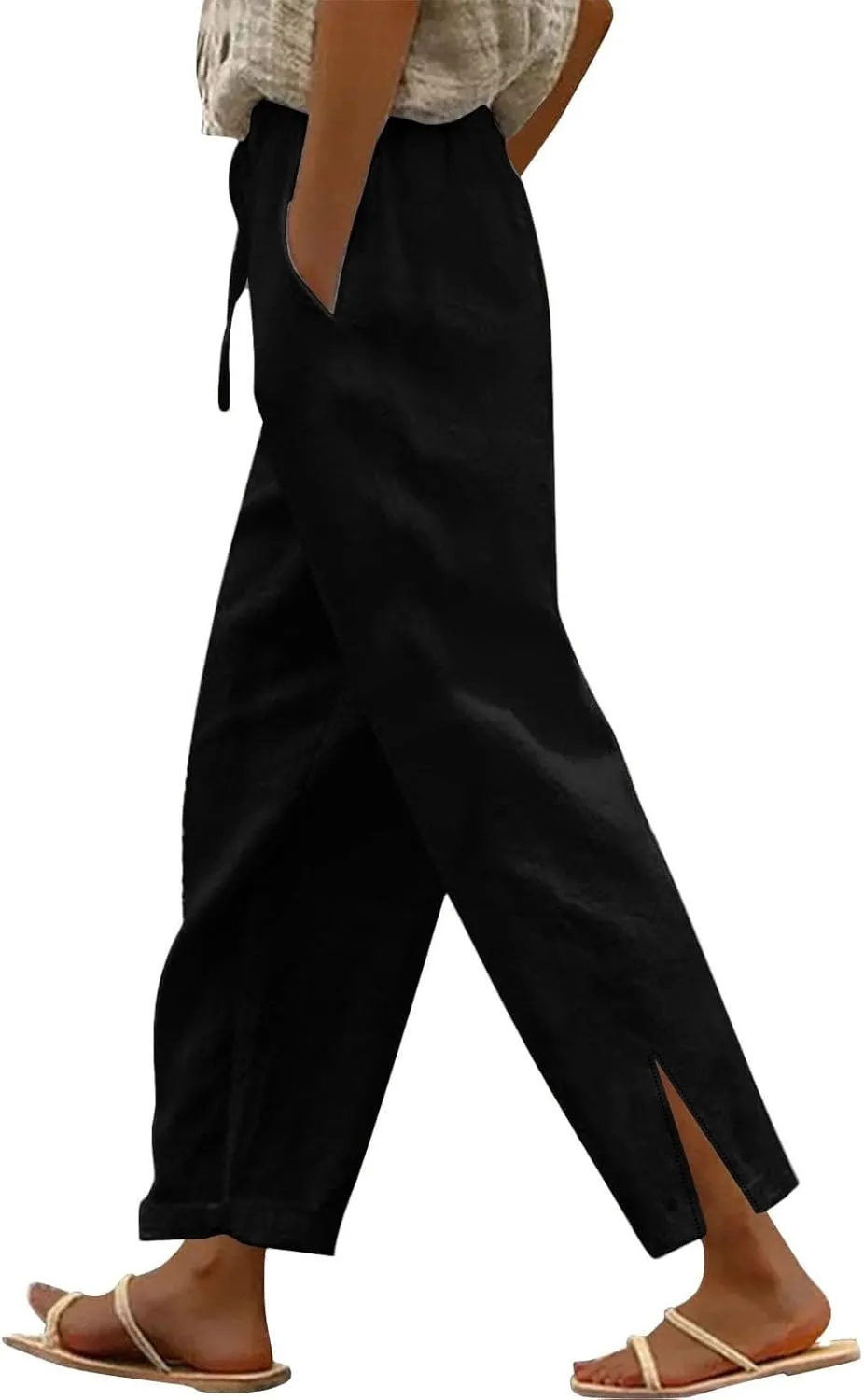 Linen Pants Women Summer Beach Elastic High Waist Lounge Pant Straight Leg Casual Loose Lightweight Fashion Trousers