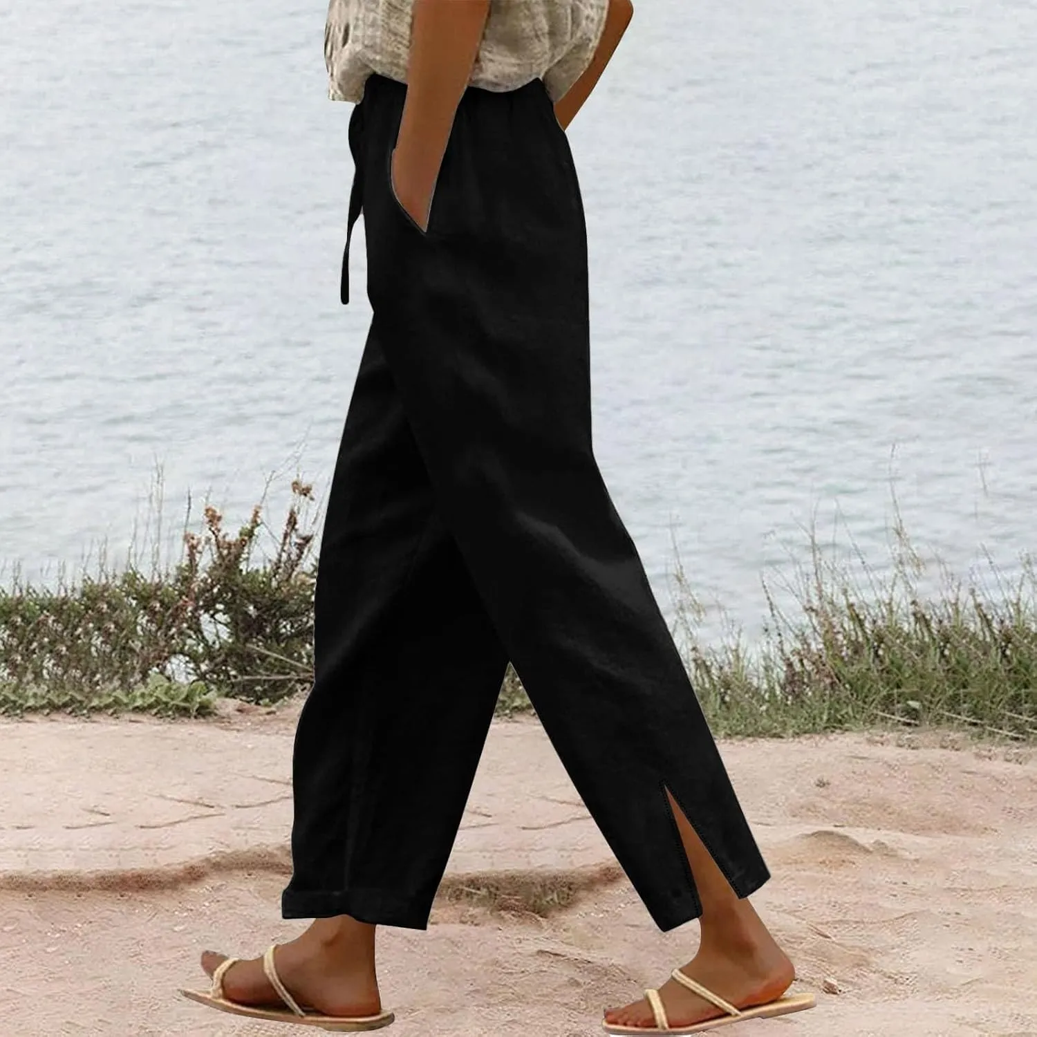 Linen Pants Women Summer Beach Elastic High Waist Lounge Pant Straight Leg Casual Loose Lightweight Fashion Trousers
