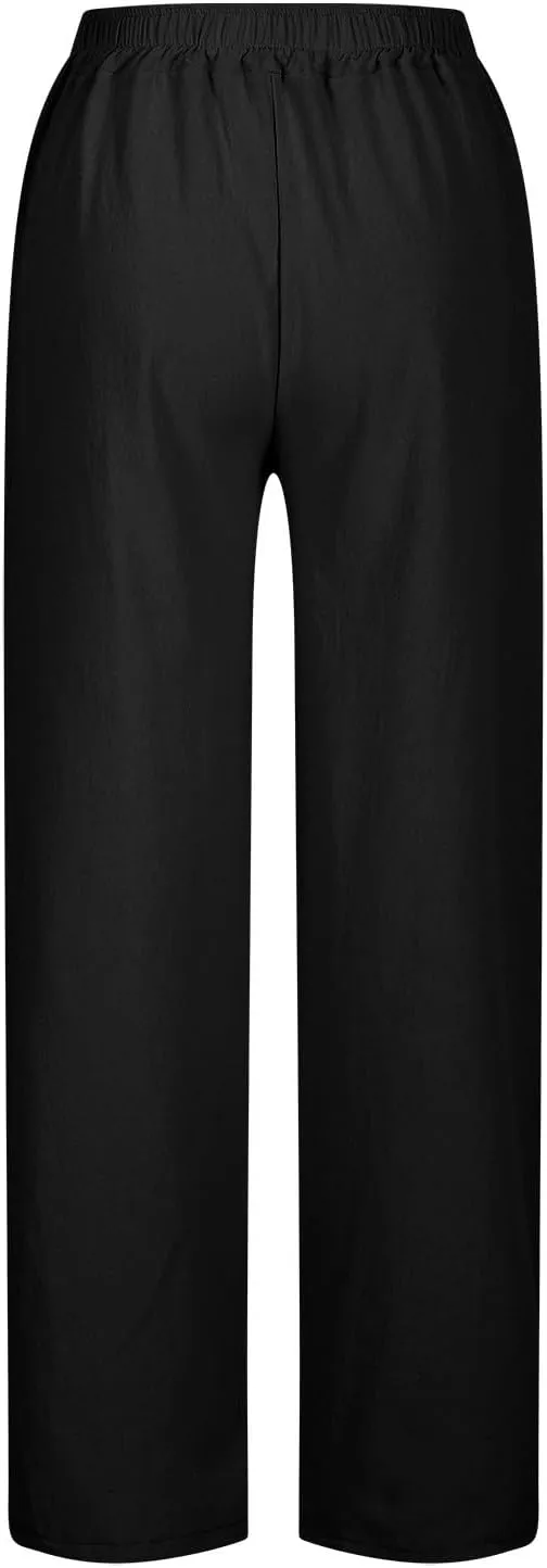Linen Pants Women Summer Beach Elastic High Waist Lounge Pant Straight Leg Casual Loose Lightweight Fashion Trousers