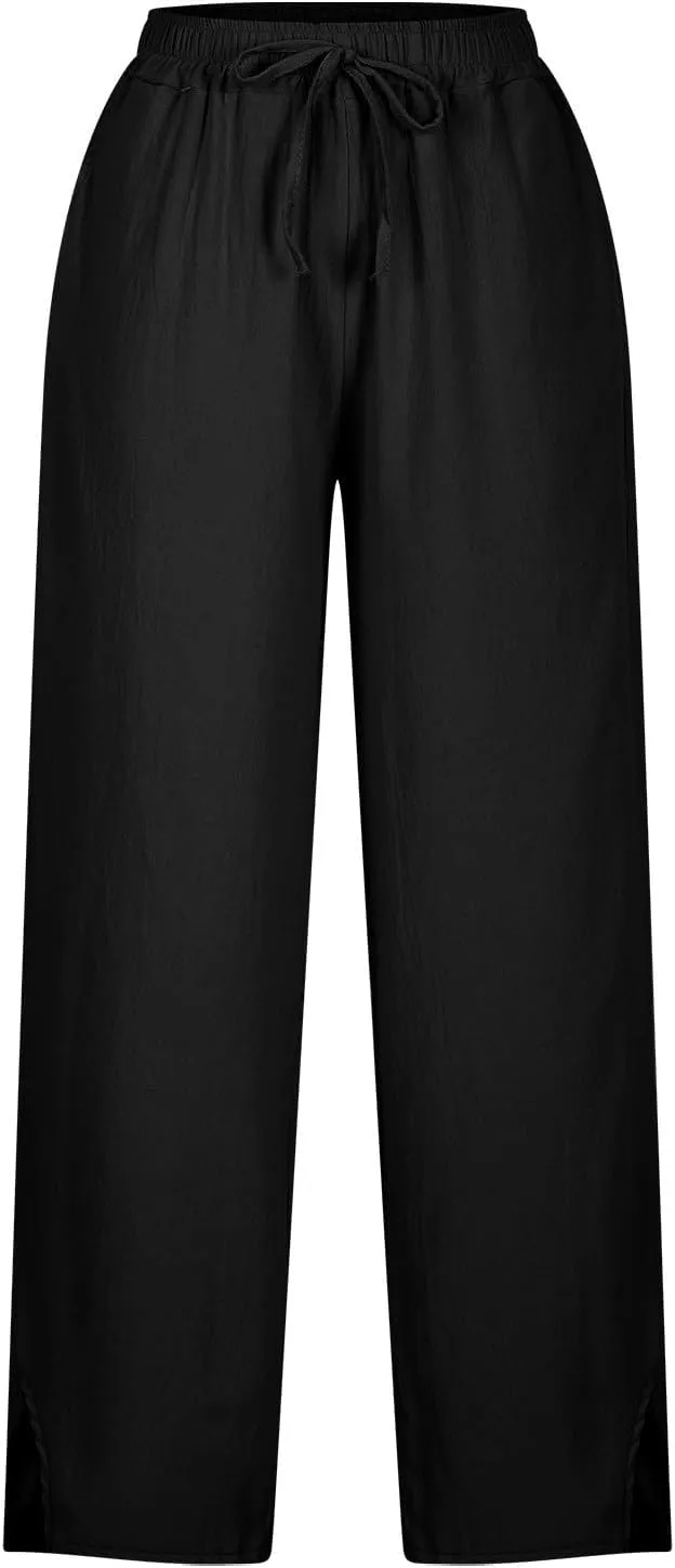 Linen Pants Women Summer Beach Elastic High Waist Lounge Pant Straight Leg Casual Loose Lightweight Fashion Trousers