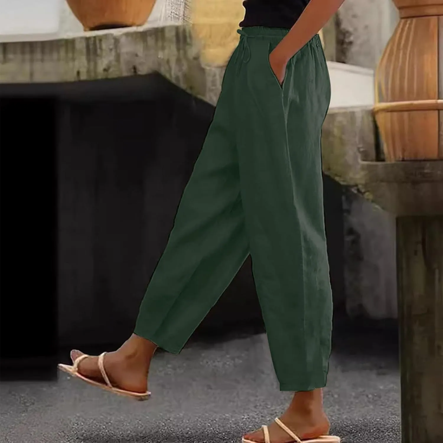 Linen Pants Women Summer Casual Cotton Linen Pants High Waisted Drawstring Lounge Pants Beach Trousers