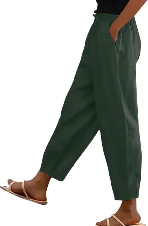 Linen Pants Women Summer Casual Cotton Linen Pants High Waisted Drawstring Lounge Pants Beach Trousers