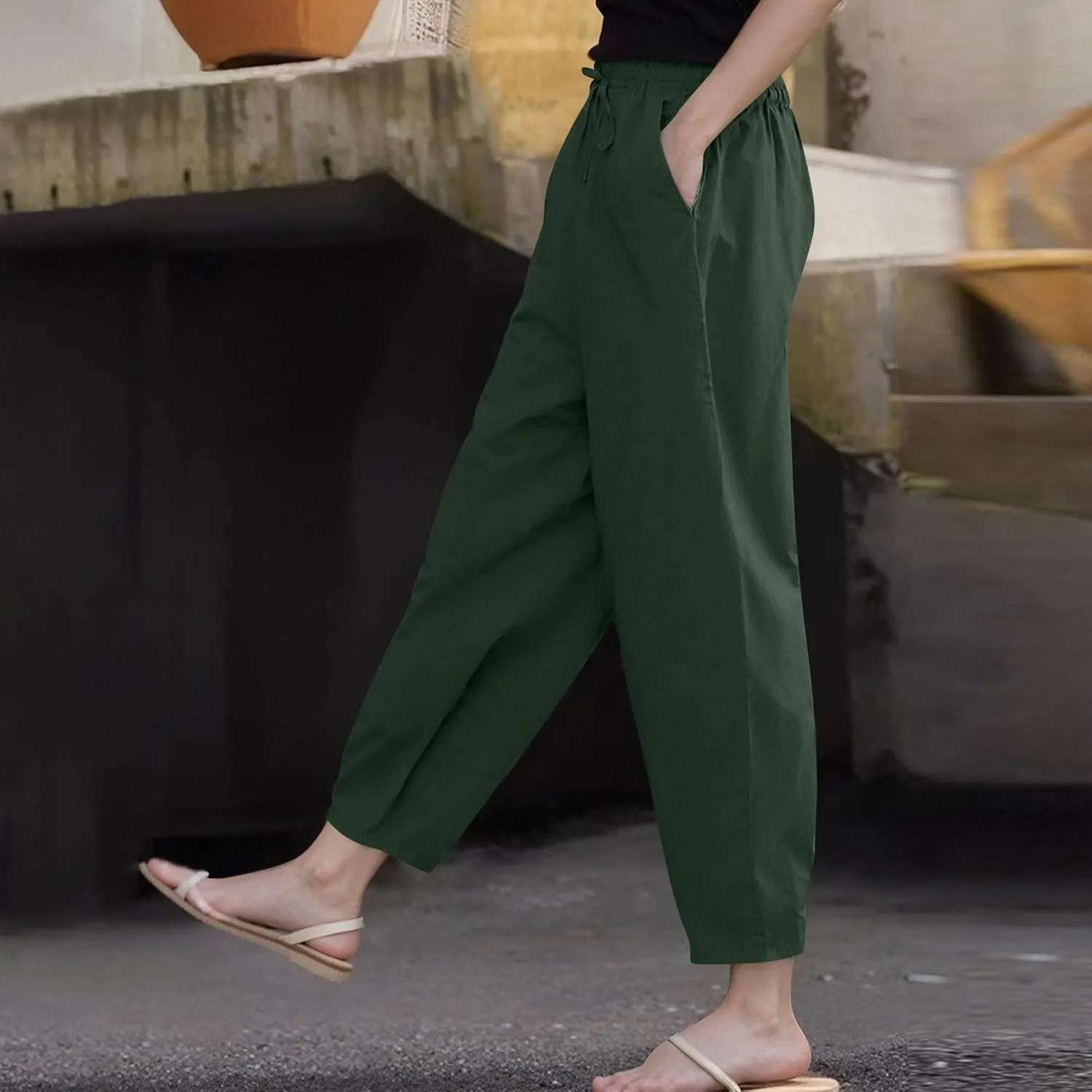 Linen Pants Women Summer Casual Cotton Linen Pants High Waisted Drawstring Lounge Pants Beach Trousers