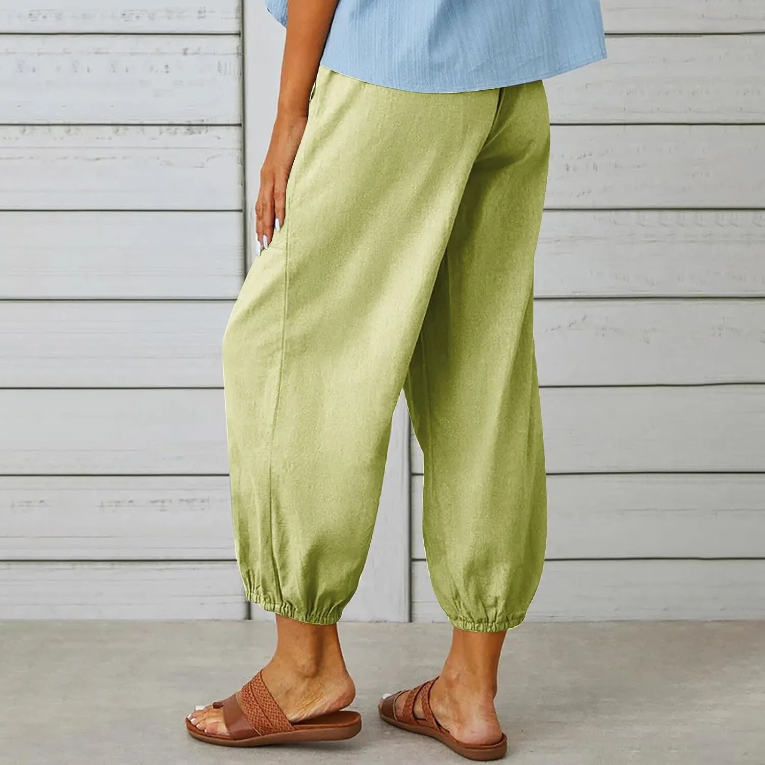 Linen Pants Women Summer High Waist Harem Cropped Pants Casual Loose Fit Trousers Beach Lounge Palazzo with Pocket