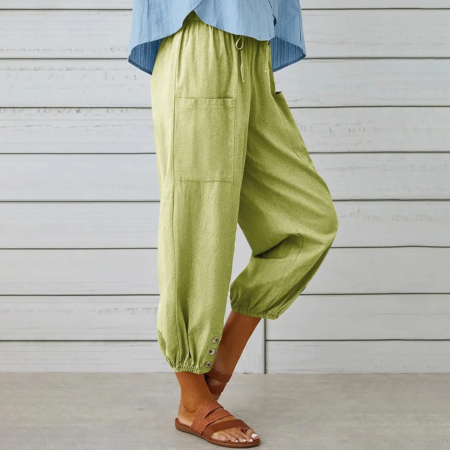 Linen Pants Women Summer High Waist Harem Cropped Pants Casual Loose Fit Trousers Beach Lounge Palazzo with Pocket