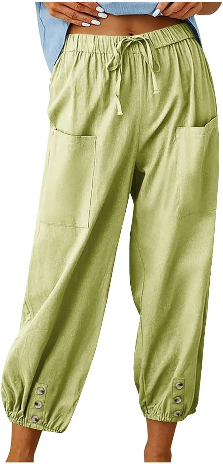 Linen Pants Women Summer High Waist Harem Cropped Pants Casual Loose Fit Trousers Beach Lounge Palazzo with Pocket