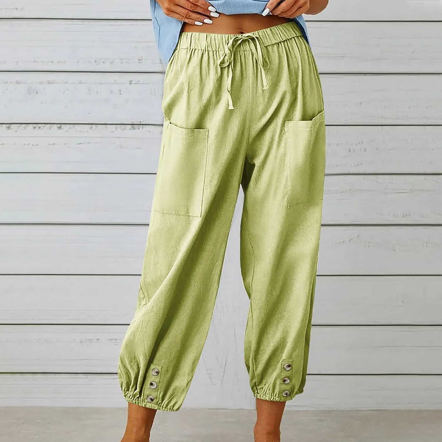 Linen Pants Women Summer High Waist Harem Cropped Pants Casual Loose Fit Trousers Beach Lounge Palazzo with Pocket