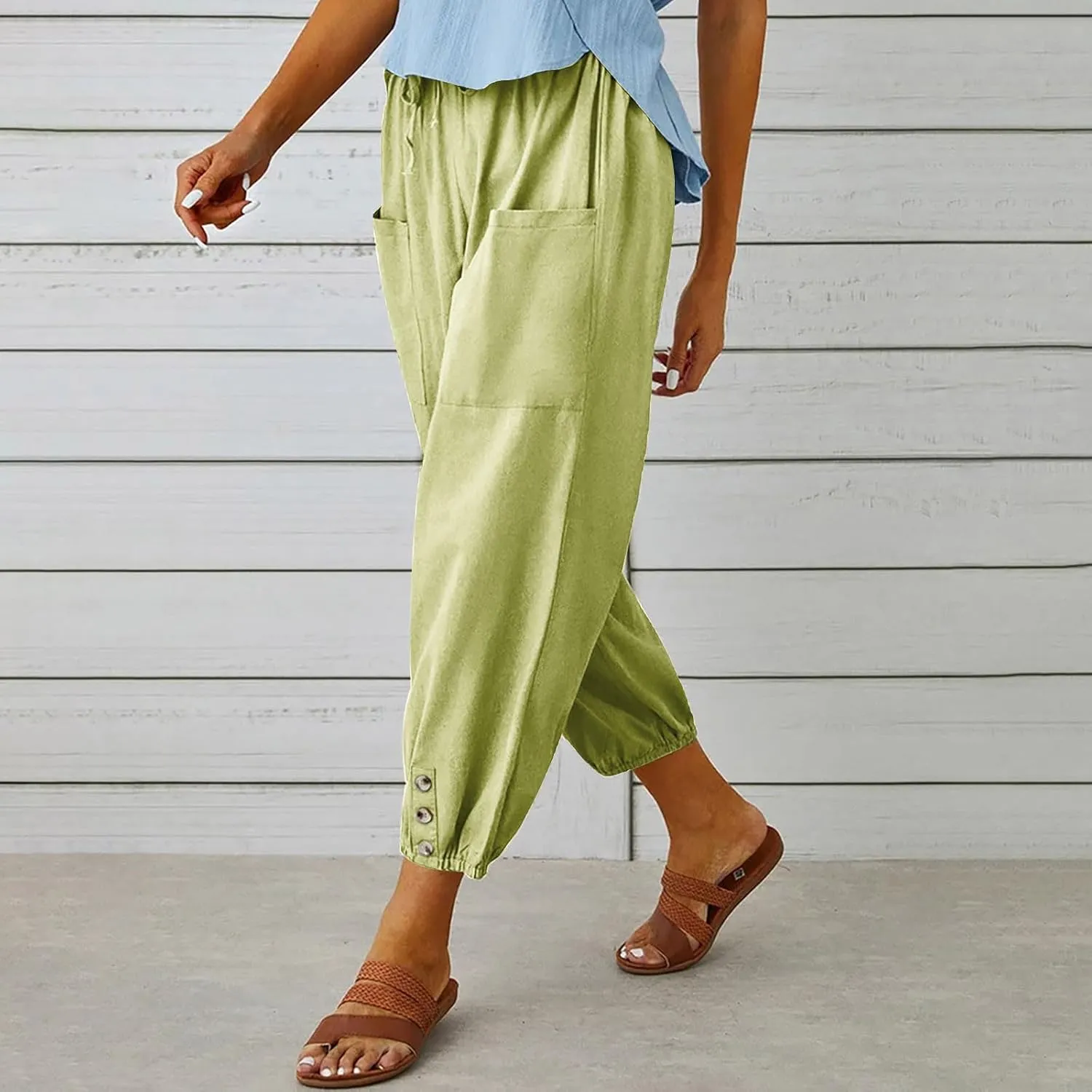 Linen Pants Women Summer High Waist Harem Cropped Pants Casual Loose Fit Trousers Beach Lounge Palazzo with Pocket