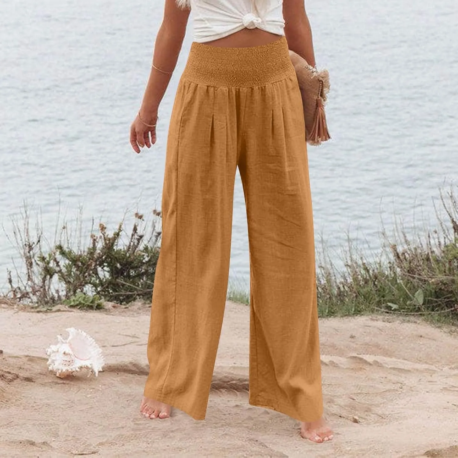 Linen Pants Women Summer High Waisted Palazzo Pants Pleated Lounge Pant Baggy Flowy Trousers with Pockets (S-XXL)