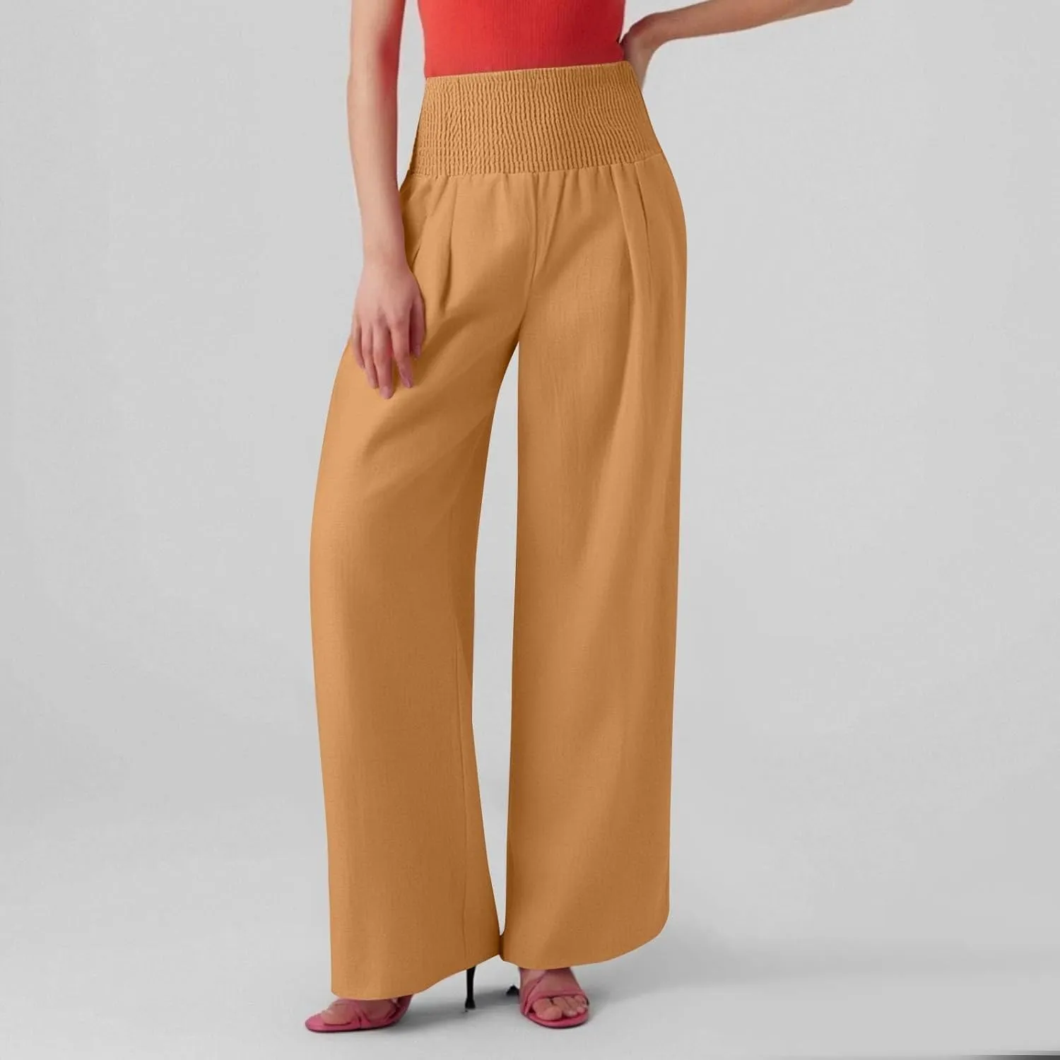 Linen Pants Women Summer High Waisted Palazzo Pants Pleated Lounge Pant Baggy Flowy Trousers with Pockets (S-XXL)