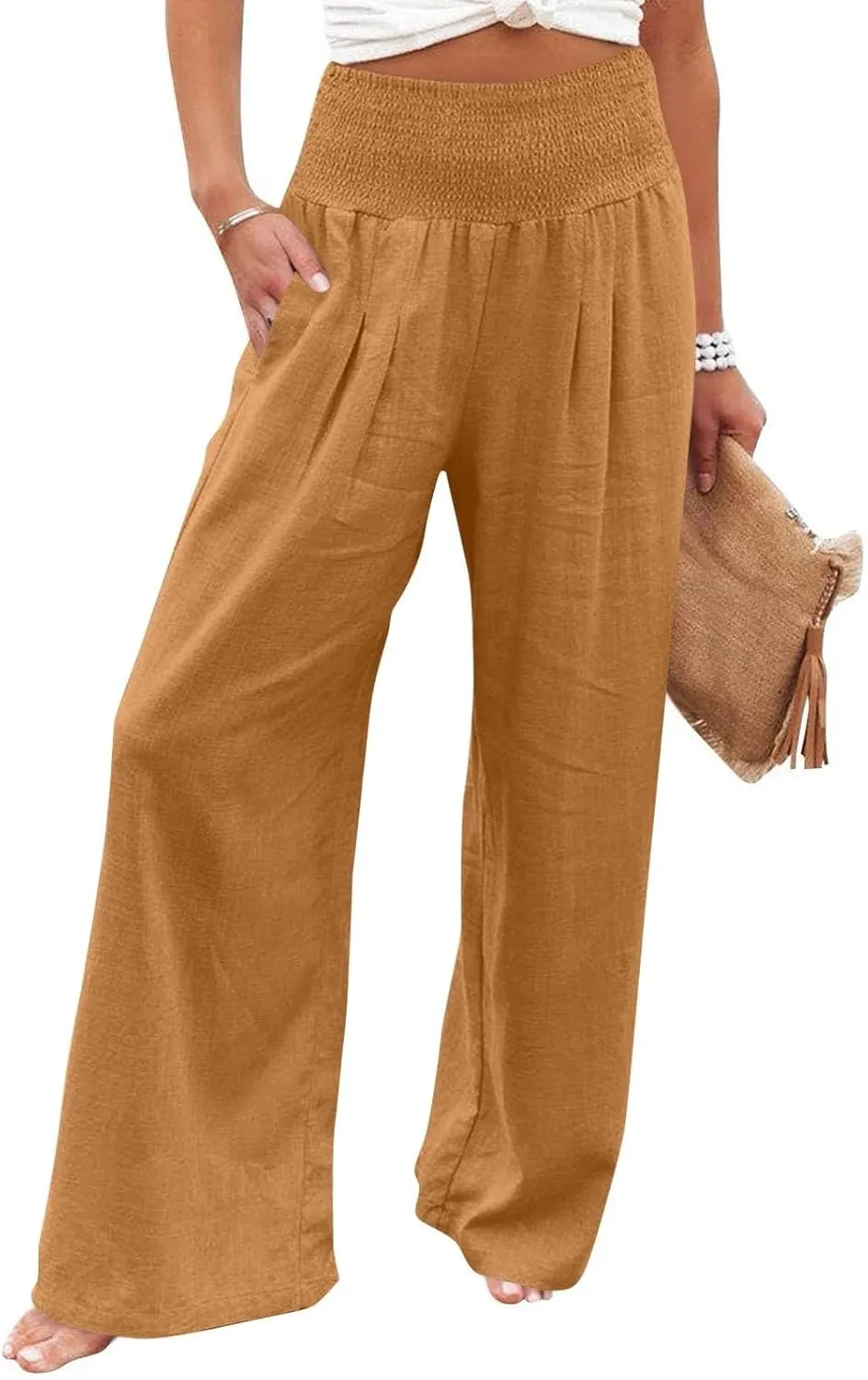 Linen Pants Women Summer High Waisted Palazzo Pants Pleated Lounge Pant Baggy Flowy Trousers with Pockets (S-XXL)