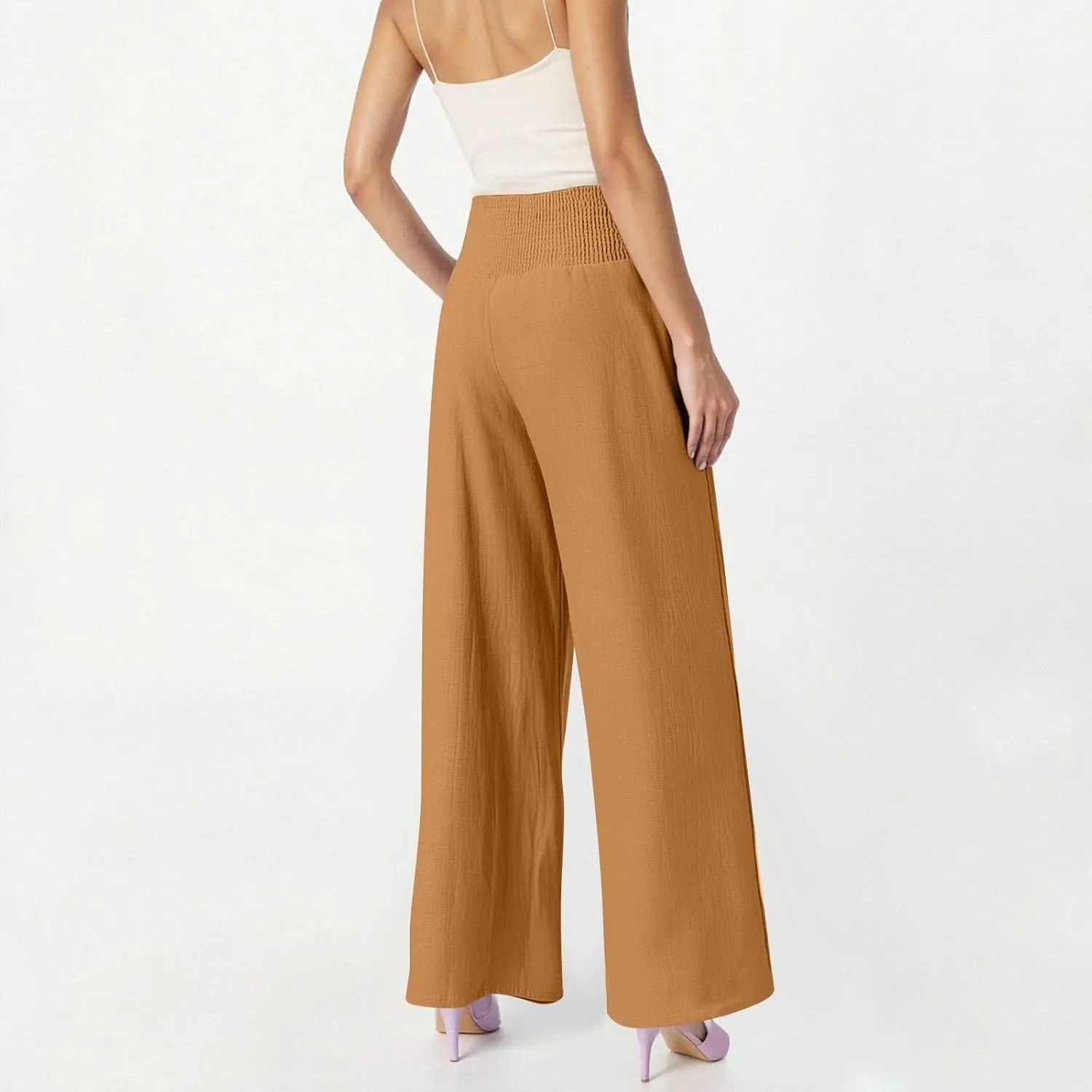 Linen Pants Women Summer High Waisted Palazzo Pants Pleated Lounge Pant Baggy Flowy Trousers with Pockets (S-XXL)