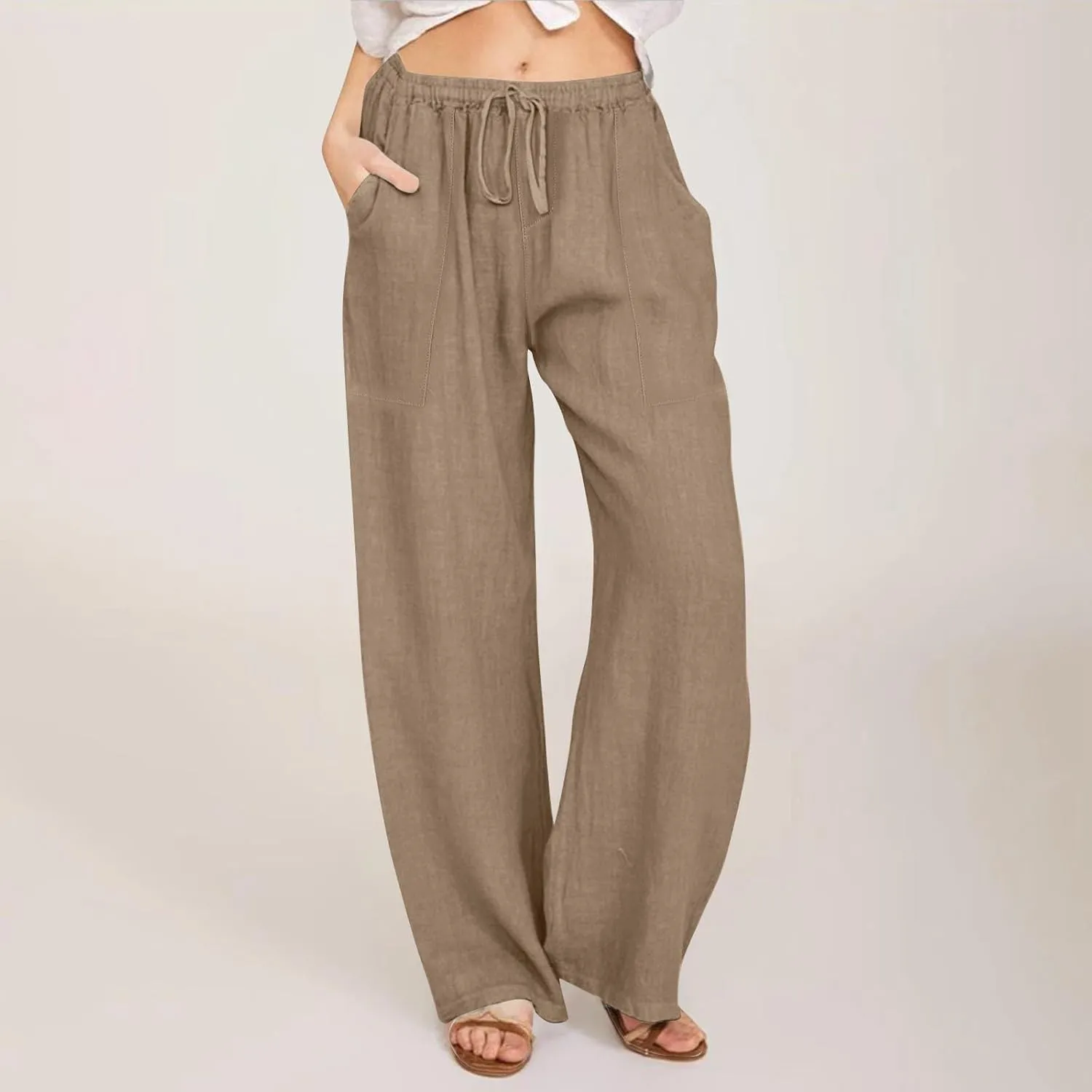 Linen Pants Women Summer,Wide Leg Casual Cotton Linen Pants High Waisted Drawstring Lounge Pants Beach Trousers