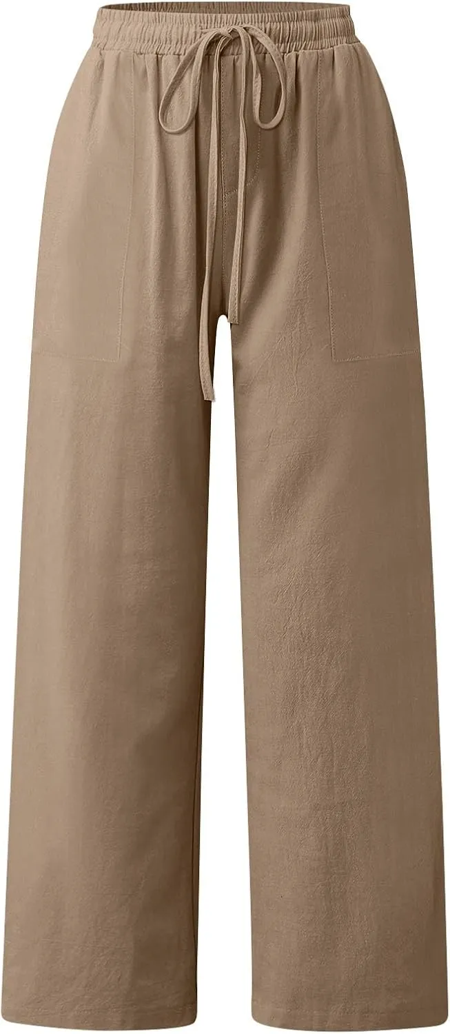 Linen Pants Women Summer,Wide Leg Casual Cotton Linen Pants High Waisted Drawstring Lounge Pants Beach Trousers