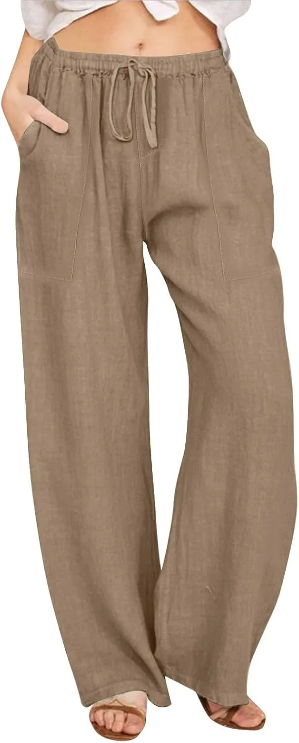 Linen Pants Women Summer,Wide Leg Casual Cotton Linen Pants High Waisted Drawstring Lounge Pants Beach Trousers