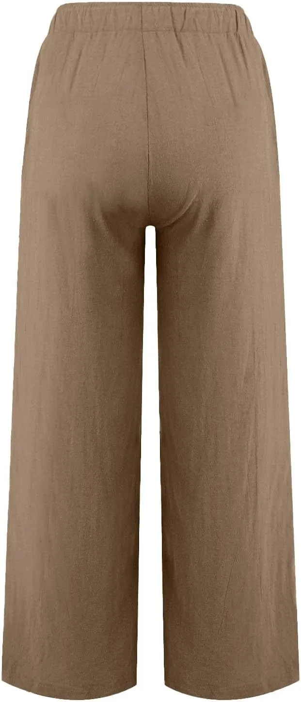 Linen Pants Women Summer,Wide Leg Casual Cotton Linen Pants High Waisted Drawstring Lounge Pants Beach Trousers