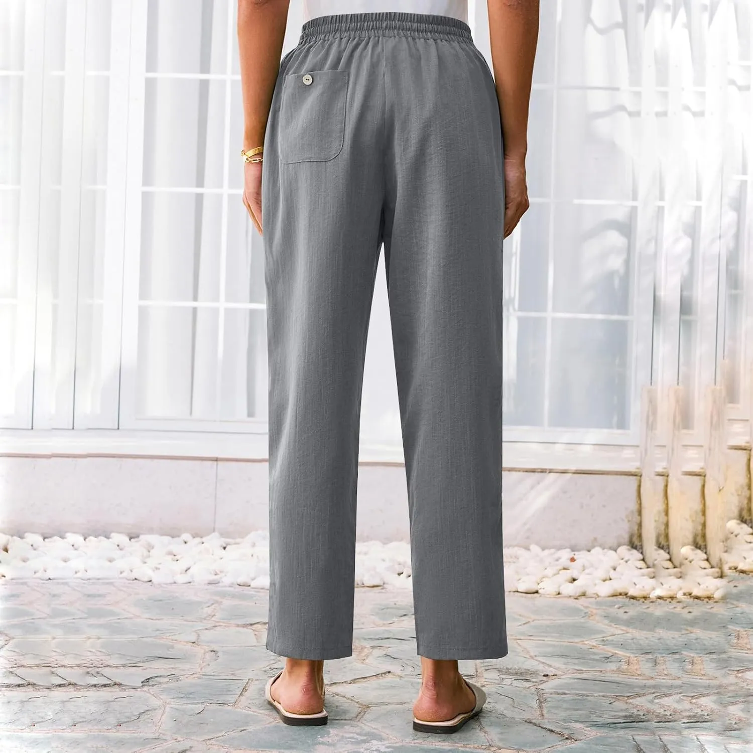 Linen Pants Women Trendy 2025 Casual Summer High Waisted Drawstring Lounge Trousers Straight Leg Pant with Pockets