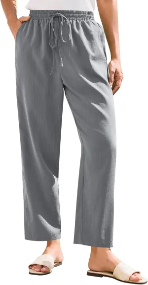Linen Pants Women Trendy 2025 Casual Summer High Waisted Drawstring Lounge Trousers Straight Leg Pant with Pockets