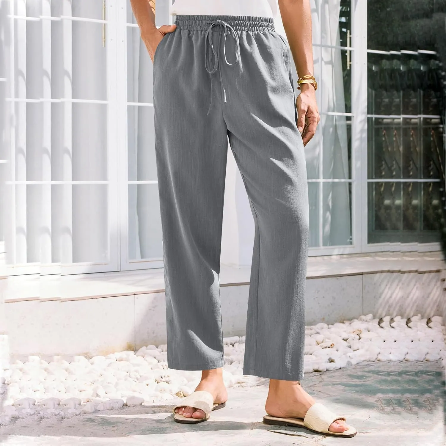 Linen Pants Women Trendy 2025 Casual Summer High Waisted Drawstring Lounge Trousers Straight Leg Pant with Pockets