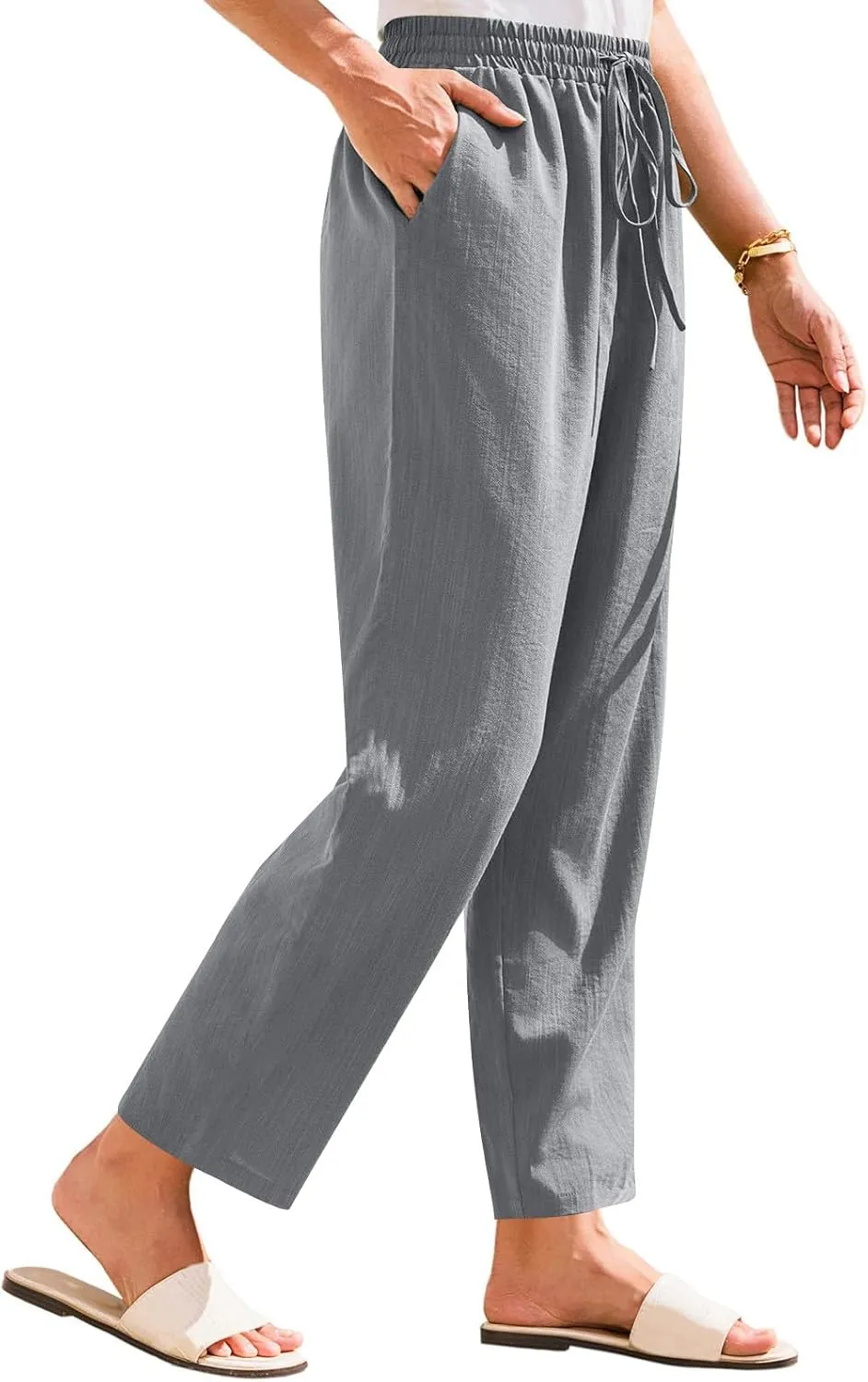 Linen Pants Women Trendy 2025 Casual Summer High Waisted Drawstring Lounge Trousers Straight Leg Pant with Pockets