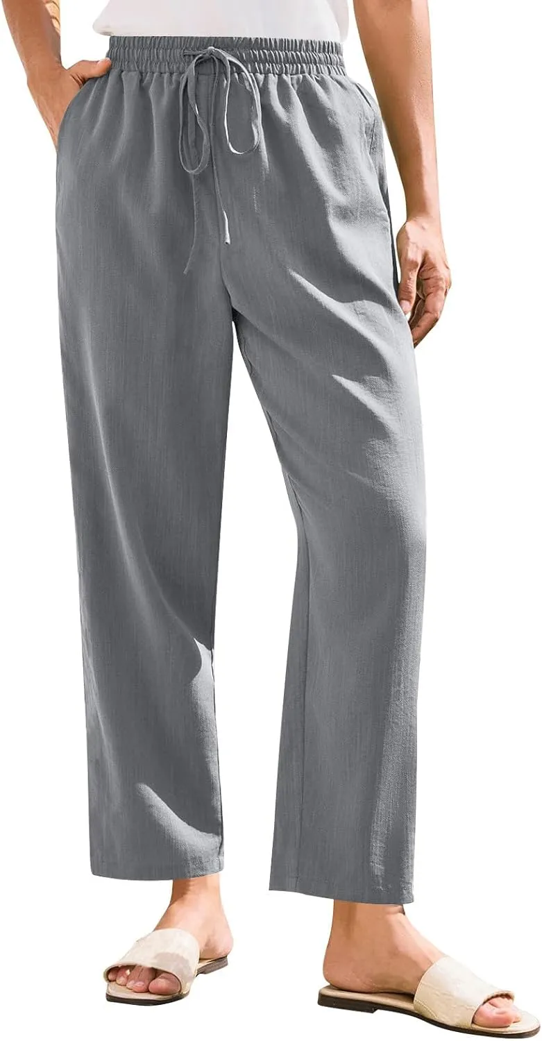Linen Pants Women Trendy 2025 Casual Summer High Waisted Drawstring Lounge Trousers Straight Leg Pant with Pockets