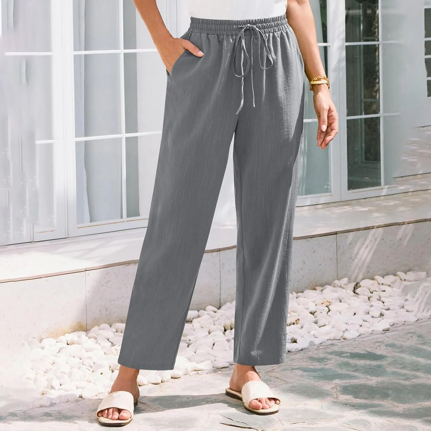 Linen Pants Women Trendy 2025 Casual Summer High Waisted Drawstring Lounge Trousers Straight Leg Pant with Pockets