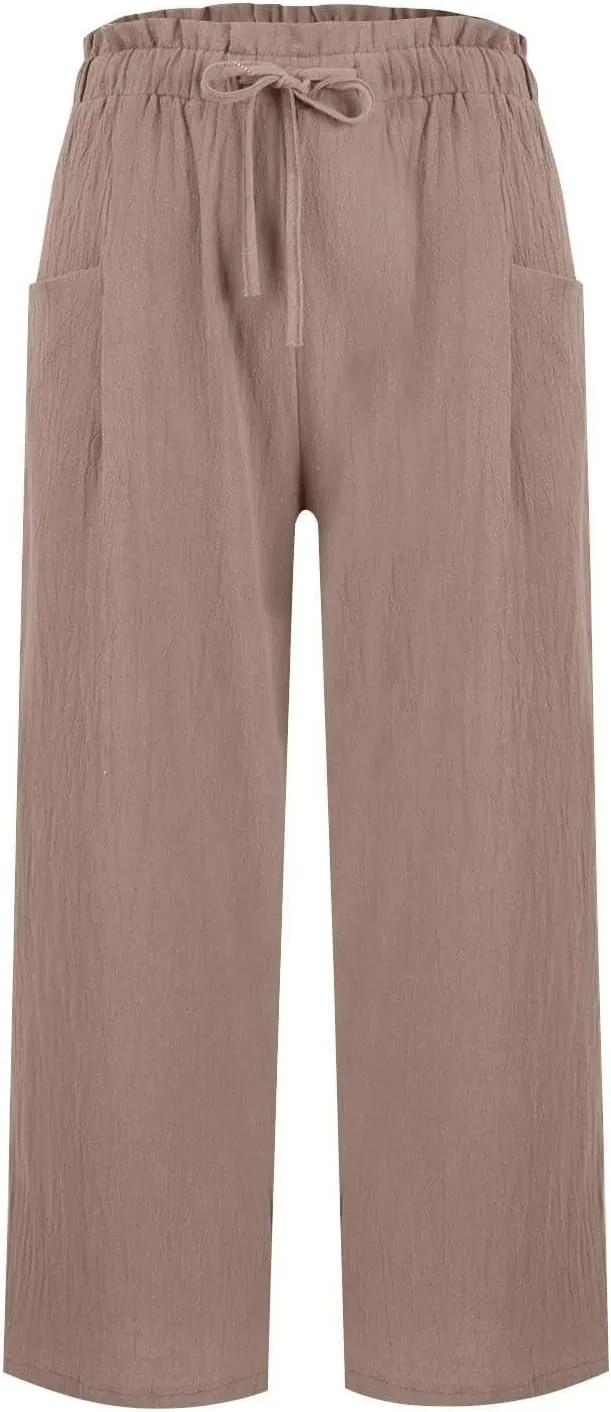 Linen Pants Women,Vacation Outfits Plus Size Beach Shorts Dressy Casual Trouser Gauze Spring Pants for Women