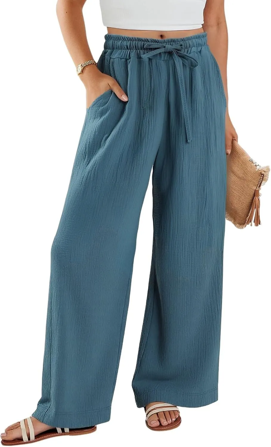 Linen Wide Leg Pants for Women Casual Elastic Waist Loose Fit Flowy Palazzo Pants Comfy Summer Beach Pant with Pockets