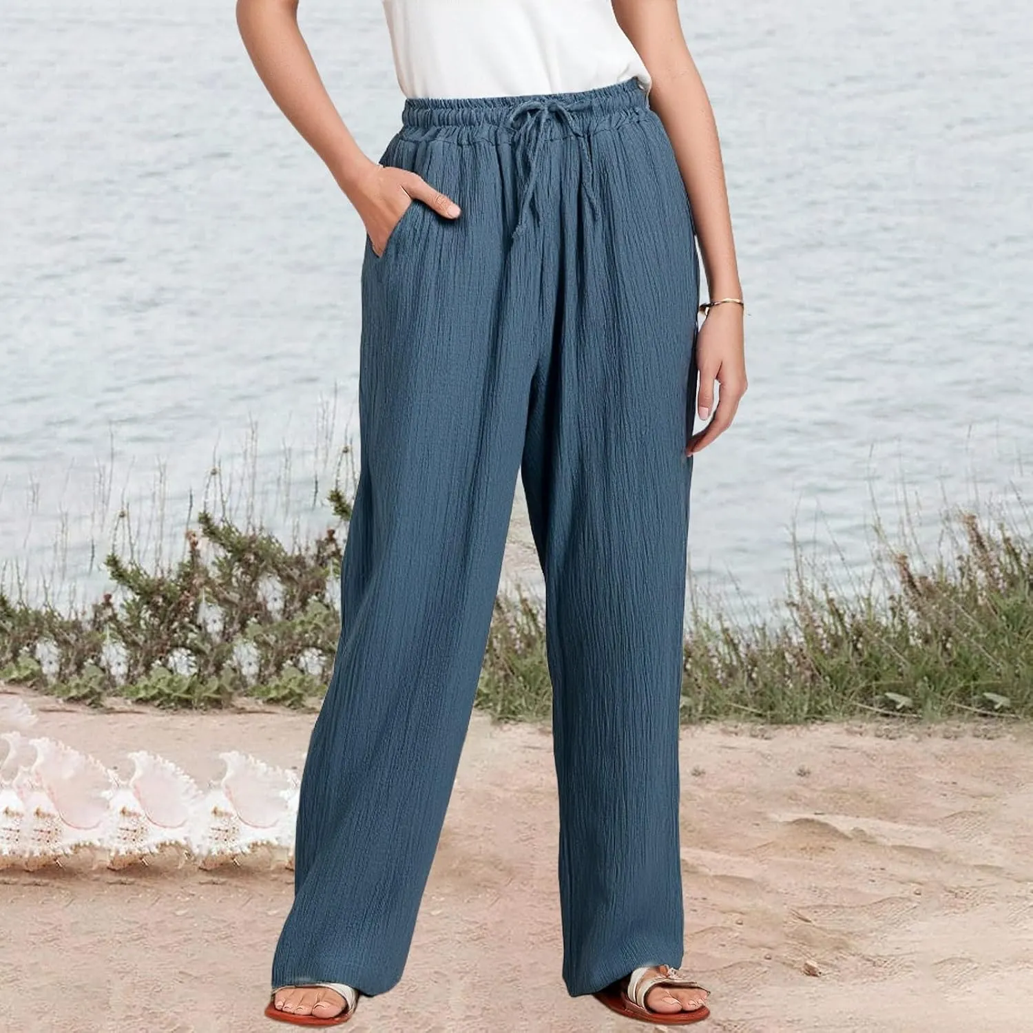 Linen Wide Leg Pants for Women Casual Elastic Waist Loose Fit Flowy Palazzo Pants Comfy Summer Beach Pant with Pockets
