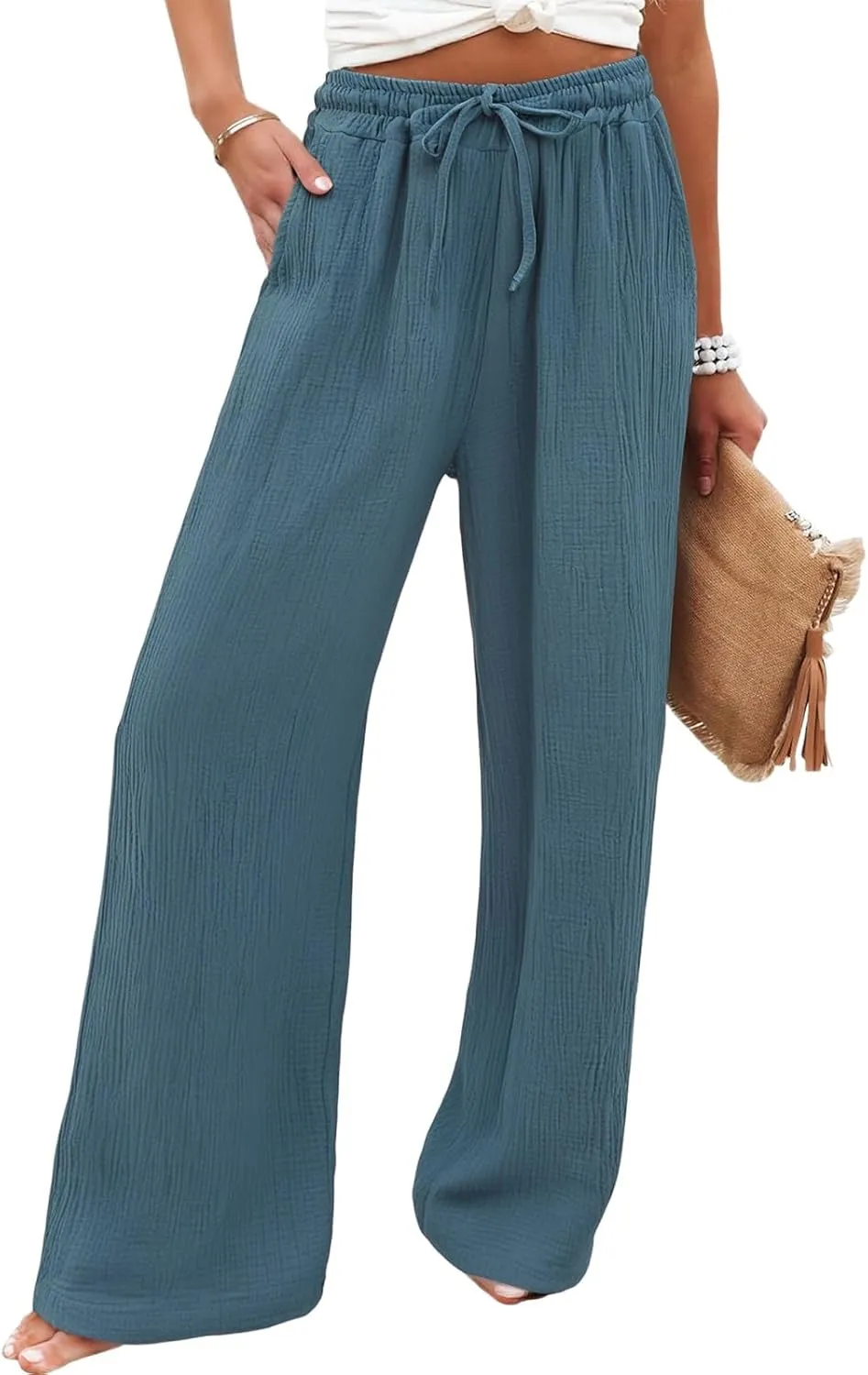 Linen Wide Leg Pants for Women Casual Elastic Waist Loose Fit Flowy Palazzo Pants Comfy Summer Beach Pant with Pockets