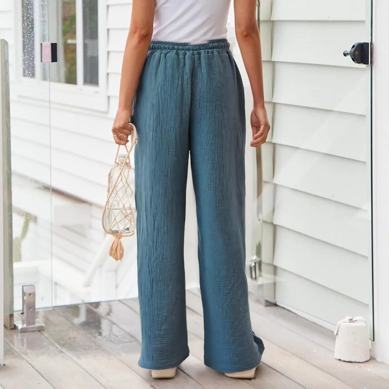 Linen Wide Leg Pants for Women Casual Elastic Waist Loose Fit Flowy Palazzo Pants Comfy Summer Beach Pant with Pockets