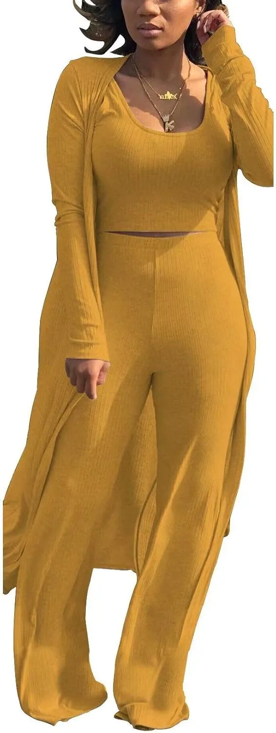 LKOUS 3 Piece Suit for Women's Solid Long Sleeve Open Front Long Coat and Crop Tank Top with Leggings Loungewear