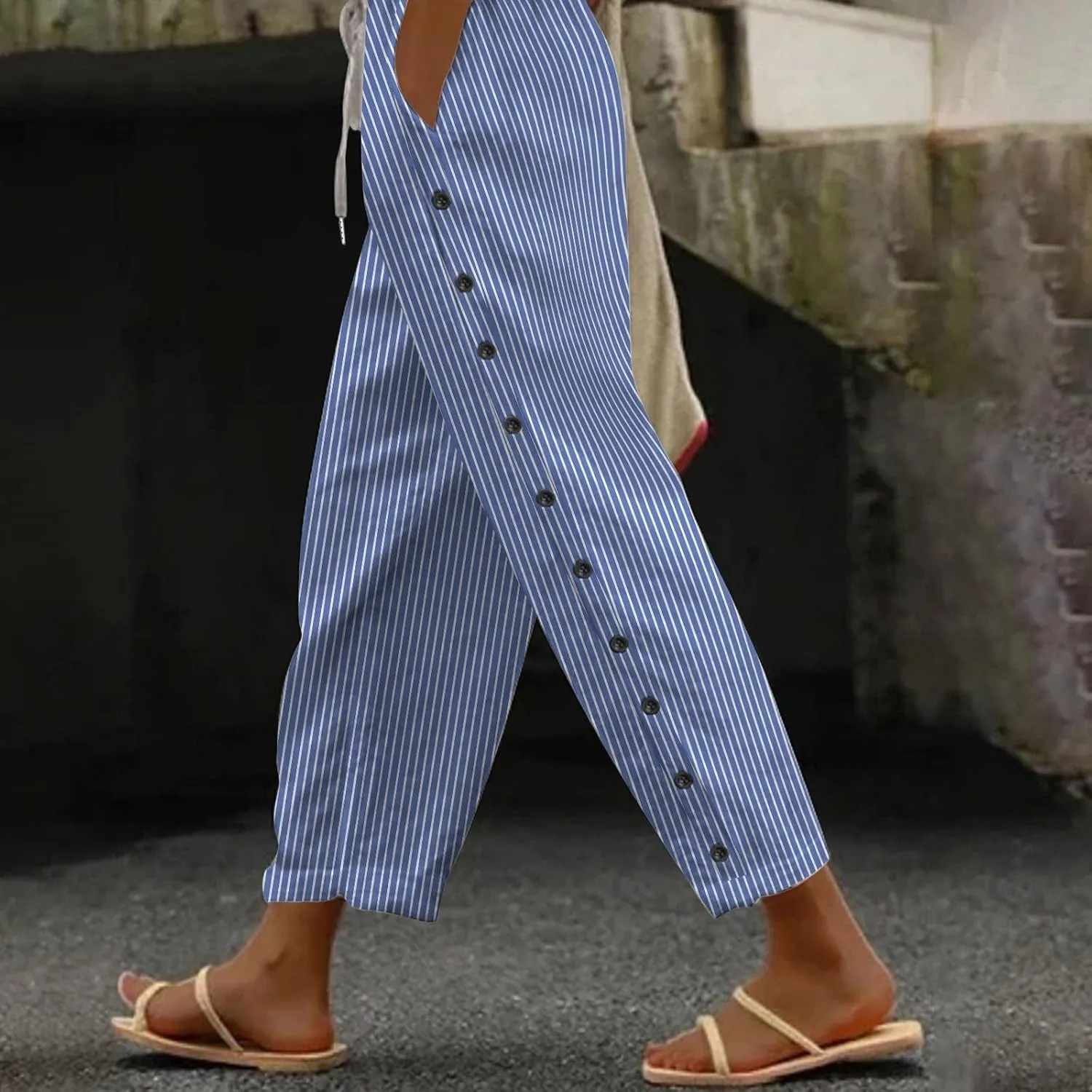 Lounge Pants for Women Cotton Linen Striped Button Down Pants Elastic Waist Pockets Plus Size Ankle Cuffed Pants 2024
