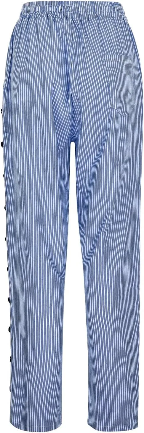 Lounge Pants for Women Cotton Linen Striped Button Down Pants Elastic Waist Pockets Plus Size Ankle Cuffed Pants 2024