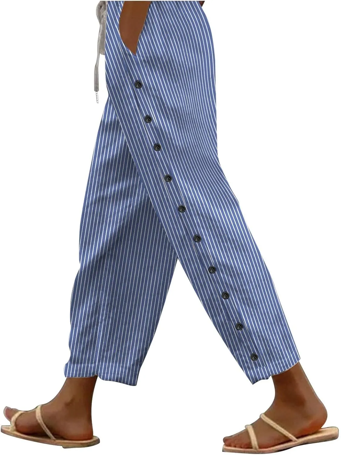 Lounge Pants for Women Cotton Linen Striped Button Down Pants Elastic Waist Pockets Plus Size Ankle Cuffed Pants 2024