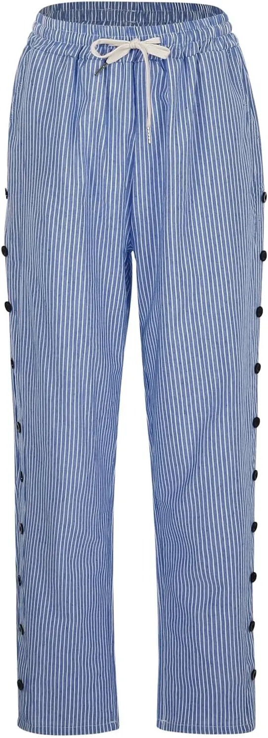 Lounge Pants for Women Cotton Linen Striped Button Down Pants Elastic Waist Pockets Plus Size Ankle Cuffed Pants 2024