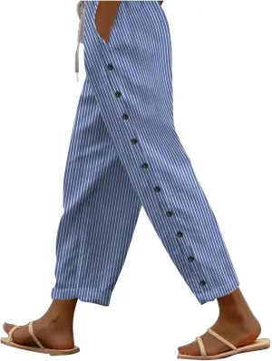 Lounge Pants for Women Cotton Linen Striped Button Down Pants Elastic Waist Pockets Plus Size Ankle Cuffed Pants 2024