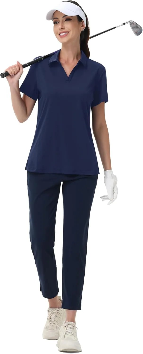 MAGCOMSEN Women's Golf Shirts Short Sleeve Polo Collared Tennis Shirt V Neck Quick Dry Sun Protection UPF 50 