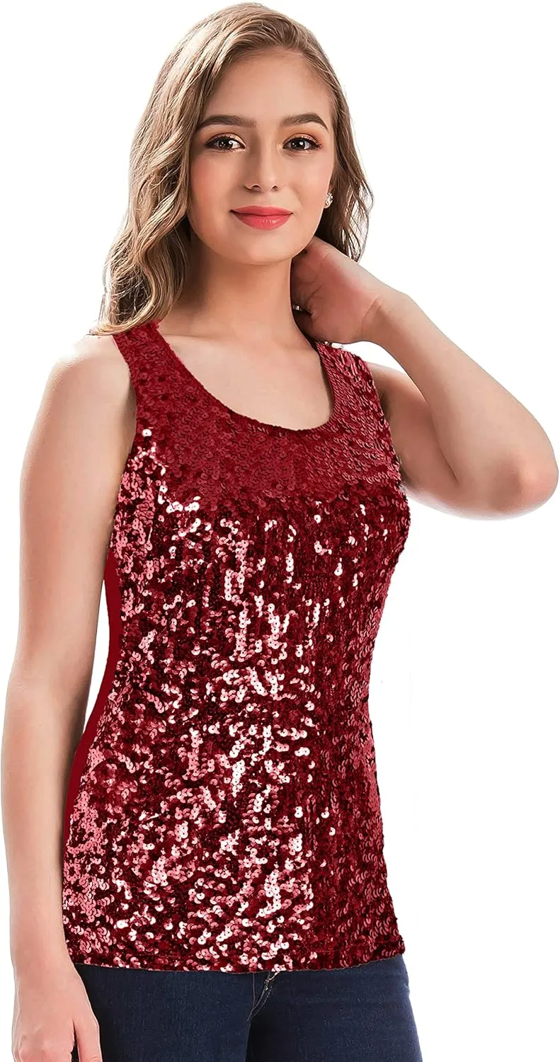 MANER Women's Sequin Tops Sleeveless Glitter Gradient Tank Club Party Vest XS-3XL