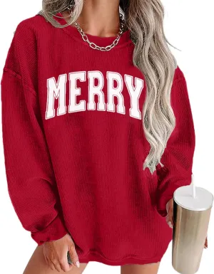 MAXIMGR Womens Crewneck Sweatshirt Christmas Sweatshirts Oversized Corduroy Merry Christmas Vacation Pullover Tops