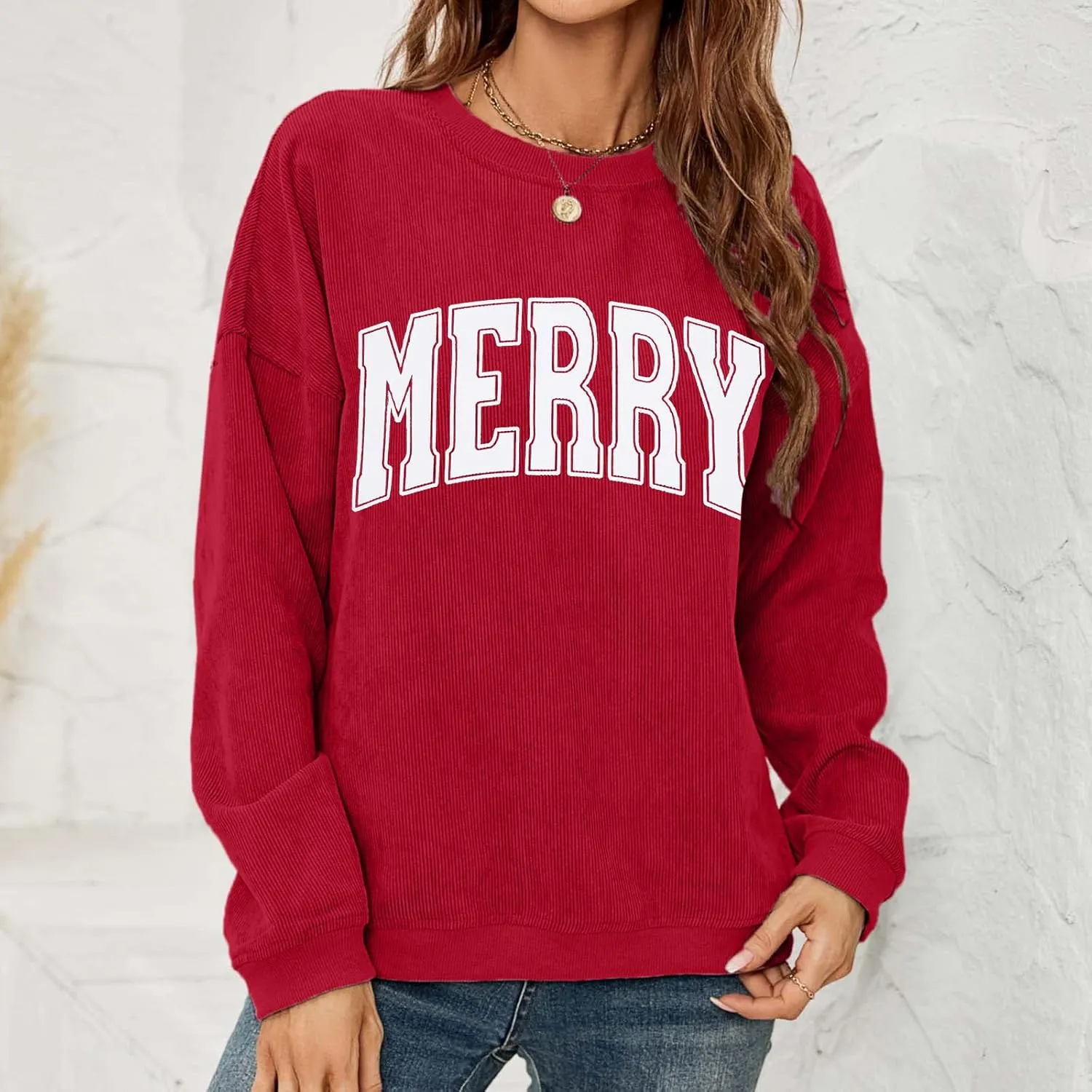 MAXIMGR Womens Crewneck Sweatshirt Christmas Sweatshirts Oversized Corduroy Merry Christmas Vacation Pullover Tops