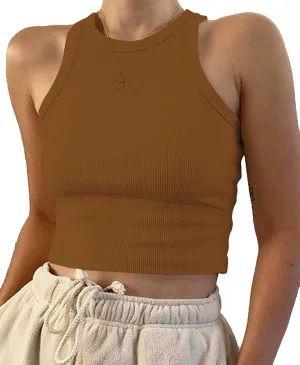 Meladyan Women's Round Neck Basic Racerback Camisole Rib-Knit Solid Sleeveless Crop Tank Tops