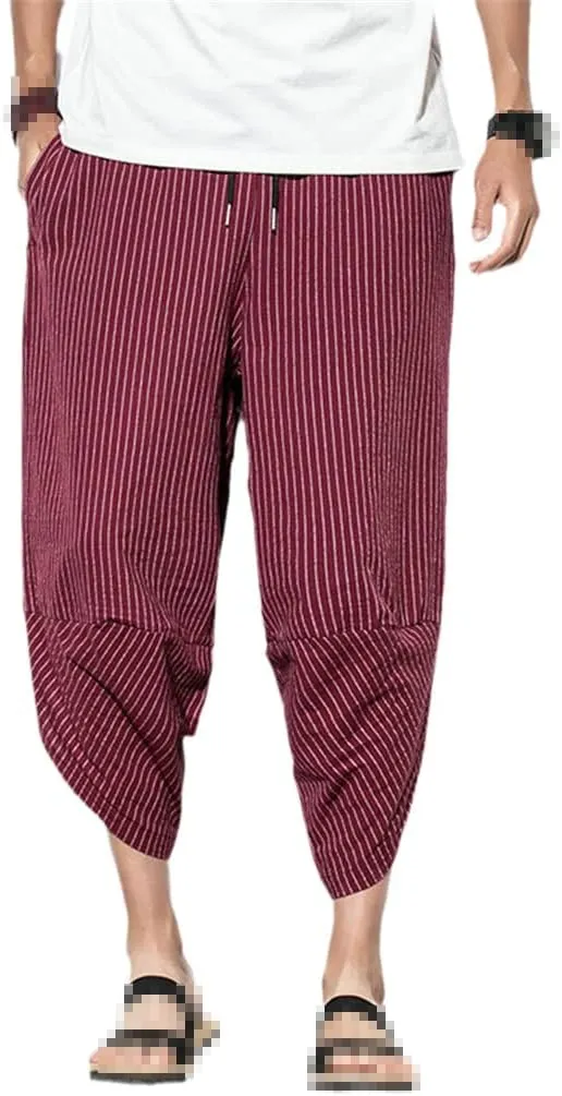 Men Baggy Cotton Harem Pants Summer Vintage Striped Pants Men Women Hip Hop Plus Size Wide Leg Pants
