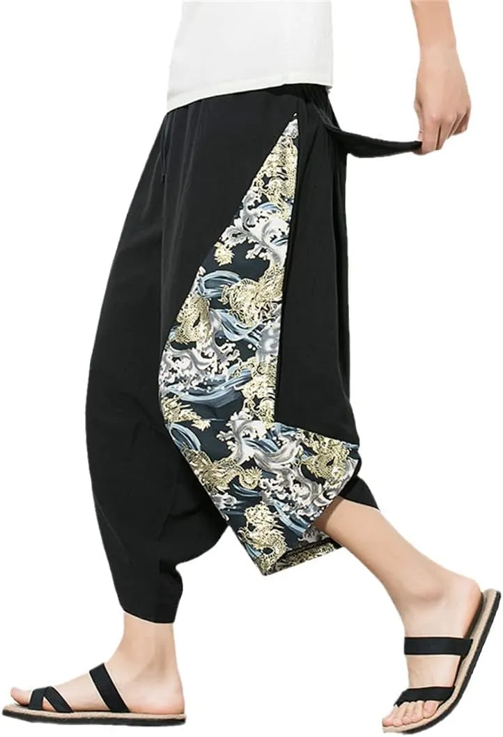 Men Harajuku Harem Pants Cotton Joggers Calf-Length Pants Vintage Chinese Style Print Trousers