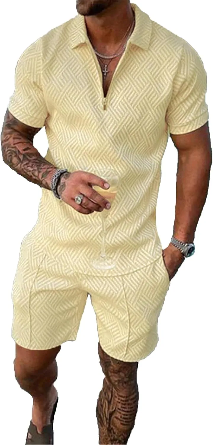 Men Track Suits 2 Piece Set Summer Casual Outfits Fashion Polo Shirts Short Sleeve and Shorts Set Vacation Clothes