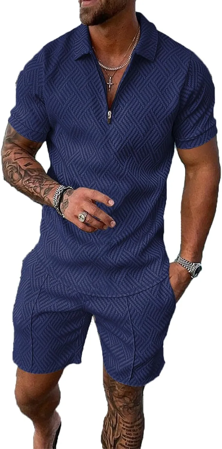 Men Track Suits 2 Piece Set Summer Casual Outfits Fashion Polo Shirts Short Sleeve and Shorts Set Vacation Clothes